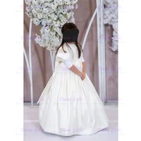 Quality Elegant Ivory Satin Puff Sleeves Flower Girl Dress for Girls Wedding Off Shoulder First Communion Evening Ball Dresses