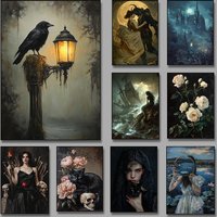 Raven Mermaid Witch Castle Floral Dark Academia Poster Diamond Painting Print Wall Art Picture for Living Room Home Decor