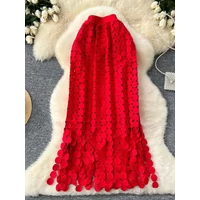 Women's Tube Skirt Hollow Out Polka Dot Tassel Autumn New High Waist Slimming Mid Length Straight Party Sexy Faldas Female SK008