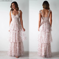 Elegant Sexy Backless Halter-Neck Pink Floral Layered Cake Dress Sweet Fairy Atmosphere Wedding Evening Princess Gown