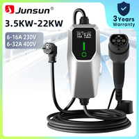 Ładowarka Junsun EV typu 2, kabel do ładowania pojazdów elektrycznych 32A 16A CEE czerwony 22KW 11KW CEE niebieski 7.4KW Schuko 3.5KW, trójfazowa przenośna stacja ładowania EVSE Wallbox z wtyczką EU