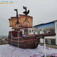 Giant Inflatable Pirate Ship, Large Blow Up Pirate Boat Model with Sails & Cannon, for Theme Park, Halloween, Party,