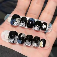 30pcs Cute Silver Press on Nails Glitter Cat Print Fake Nail Short Square Black Base Cartoon Kitten False Nail for Women&Girl