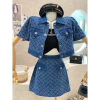 2024 Summer New Street Fashion Women's Suit With Skirt Denim Short Sleeve Top Sweet Girl Female Blue Plaid Skirt 2 Piece Set