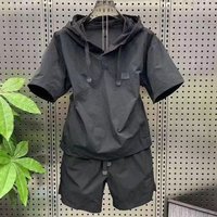 Summer New Lightweight Breathable Men's Short Sleeve Short Pants Two-Piece Set Hat Included Loose Casual Pure Color Fashion