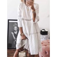 Casual Solid Loose Dress Lady Fashion Three Quarter O Neck Pullover Lace Hollow Dresses For Women Holiday Womens Clothing Summer