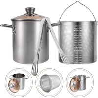LMETJMA 3L Deep Fryer Pot Stainless Steel Frying Pot With Mesh Steamer Basket Japanese Tempura Fryer Pot with Lid and Tong JT230