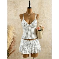 Women Polka Dot Lace Trim V Neck Cami Top Drawstring Layer Ruffle Mini Skirt 2 Piece Matching Set 2026 Summer Y2K Beach Going Ou
