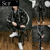 Costume à capuche en cuir PU pour hommes et femmes, vêtements de sport de loisirs, costume de jogging, vêtements de sport pour hommes, vêtements de sport en cuir brillant