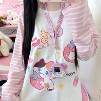 Japanese Pink Stripe Patchwork T Shirt Women Autumn Casual Cartoon Printing Harajuku Tops Grunge Kawaii Cute Y2K Aesthetic Tees