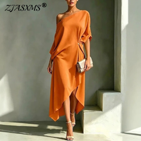 Luxury Women One Cold Shoulder Midi Dresses Loose Solid Draped Knot Waist Irregular Hem Dress Elegant Guest Holiday Formal Dress