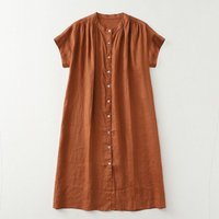 Spring and Summer Fashion Classic Retro Elegant Comfortable Cotton Linen Button Caramel Color Women's Loose Casual Short Dress