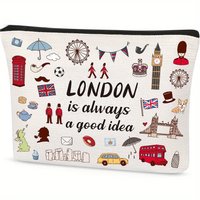 London Print Cosmetic Bag Lightweight Zipper Makeup Bag, Cute Traveling Culture Themed Bag, Travel Makeup Organizer Pouch