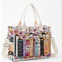 Colorful Books & Flowers Print Corduroy Tote Bag Large Capacity Multi Pocket Commuter Shoulder Bag