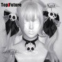 Lolita Gothic Harajuku Y2K girl Dark punk subculture Cute skull plush bow Lace clip headband hairgrips Hair clip necklace