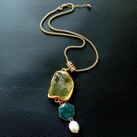 Y·YING Natural Yellow Lemon Quartz Blue Apatite Cultured White Rice Pearl Gold Plated Chain Necklace Jewelry