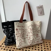 Fashionable Cartoon Cat Canvas Bag Women's Zipper Handbag Cute Line Cat Shopping Bag Japanese Style Large Capacity Canvas Bag