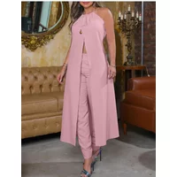 Summer Top Pants Set Fashion Femme Solid Casual Two Pieces Outfits Robe Woman Elegant High Slit Longline Halter Top Pants Sets