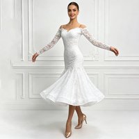 Elegant Women's White Lace Ballroom Dance Dress Off Shoulder Long Sleeve Modern Dance Costumes Waltz Tango Performance Wear