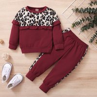 0-2-year-old newborn baby spring and autumn wine red stitching leopard print round-necked long-sleeved trousers fashion suit