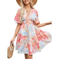 New Summer Comfortable and Loose-Fitting Short-Sleeve Casual Women's Dress with an Elegant V-Neck and Fashionable Print