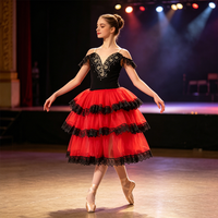 Women & Girls Romantic Long Tulle Ballet Skirt Red Spanish Style Tutu for Stage Performance Professional Elegant Ballet Dress