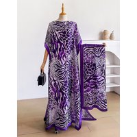Dubai Mixed Animal Print Abaya With Matching Scarf, Boat Neck Batwing Sleeve Loose Maxi Kaftan Dress For African Muslim Women