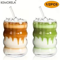 1/2PCS Glass Coffee Cups with Straws 380ML High Borosilicate Ripple Shaped Vintage Drinking Glass Matcha Cup for Water Tea Juice