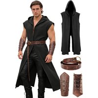 Verceco Menโs Renaissance Costume Set โ Medieval/Renaissance Costume for Men with Hooded Surcoat Leather Belt & Bracers