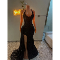 Sparkly African American Prom Dresses For Black Girls Mermaid Sheer Lace Beaded Slit Robe De Soiree Evening Gown Customized