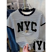 26 Women's Round Neck Striped Heart Print Casual Versatile Commuting T-Shirt NYC Print Tee Outdoor Sports Adult Women's T-Shirt