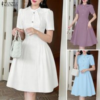 Stylish Summer A Line Dress 2026 ZANZEA Elegant Women OL Work Dresses O Neck Short Sleeve Sundress Solid Color Buttons Up Robe