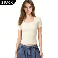 Ladies' Summer U-neck Fashion Basic T-shirt Solid Color Simple Short Sleeve Sports Fitness Comfortable Versatile Interior Top