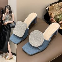 New Summer Round Rhinestone Linen Woven Sandals for Women's Shoes Block Heels shoes for women