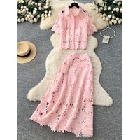 Elegant Lace Hollow out Set Women's Fashion Commute Short Sleeve Two Piece Set High Waist Skirt Spring Autumn