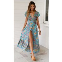 Summer Dress Women 2024 Short Sleeveless Casual V-neck Floral Print Boho Beach Long Dress S-3XL Sexy Split Party Robe