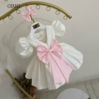 OIMG Ivory O Neck A Line Flower Girl Dresses Pink Bow Back Puff Sleeve Wedding Party Dress Knee Length Birthday Dress Customized