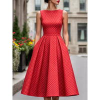 Women's Sleeveless Polka Dot Print Midi Dress Fashion A-Line Pleated Summer Casual Elegant Versatile Swing Dress for Streetwear