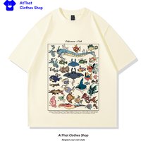 pokemon Fish Guide clothing, Japanese-style retro pure cotton loose summer short-sleeved T-shirt