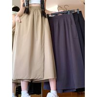 Loose A-Line Midi Skirt Women's plus Size High Waist Padded Fake Two-Piece Pear Shape Slimming Skirt Polyester Fiber