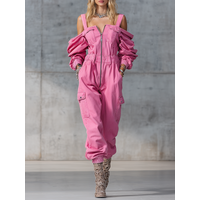 Vintage Denim Jumpsuit Woman Solid Zipper Off-shoulder High Wait Loose Cargo Pants Romper Long Sleeve Overalls One-Piece Suit