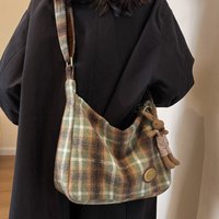 Checkered Gingham Women's Crossbody Bags Woolen Plaid Female Shoulder Bags Retro Trendy Ladies Large Handbags with Pendant