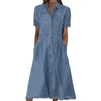 Elegant Solid Color Short Sleeve Denim Dress Summer Lapel Single-breasted Splice Dressy Female Comfortable Commuter Casual Gown