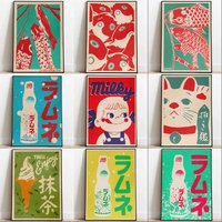 Kawaii Japanese Food Pop Art Milk Lucky Cat Matcha Vintage Poster Diamond Painting Wall Pictures Home Kitchen Shop Decor Gift