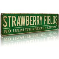 Vintage Strawberry Fields Metal Sign - 10x40cm Rustic Wall Decor with Distressed Green Finish, Perfect for Home, Bedroom, Bar, G