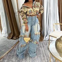 Women Pant Sets Print Matching Sets High Waist Straight Jeans Tracksuit Single Breasted Turn Down Collar Blouses Casual Loose