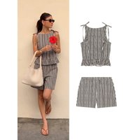 HH 2026 Summer Women Polka Dot Striped 2 Piece Outfit Tie Shoulder Peplum Cami Top & Shorts Set Casual Beach Vacation Loungewear
