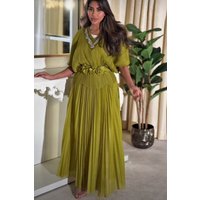 Fashion Pleated 2 Piece Sets Women Outfit Summer Clothing Women Batwing Sleeve Top Long Skirt Suit OL Style Two Piece Dress Sets