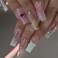 24Pcs Extra Long Square Head Press on False Nails 3D Butterfly Design Acrylic Manicure Tips Wearable French Coffin Fake Nail Art