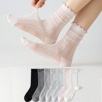 1/7 Pairs Women Solid Color Mesh Mid Tube Socks Summer Lightweight Breathable Fashionable Wavy Edge Ballet Style Casual Socks